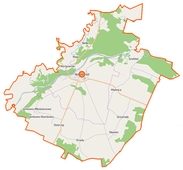 Mapa konturowa gminy Nowogród, w centrum znajduje się punkt z opisem „Nowogród”