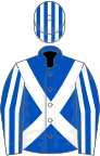 ROYAL BLUE, white cross sashes, striped sleeves and cap