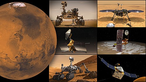 NASA missions to Mars (28 September 2021)
(Perseverance rover/Ingenuity Mars Helicopter; InSight lander; Mars Reconnaissance Orbiter; Odyssey orbiter; Curiosity rover; MAVEN orbiter) PIA24838-NASA-MarsMissions-20210928.jpg