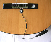 A piezoelectric pickup on a classical guitar.