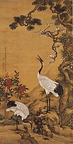 Denneboom, pruimenbloesem en kraanvogels - Shen Quan (1759)