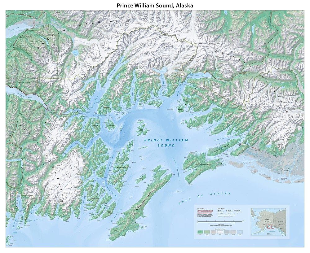 Detaljeret topografisk og fysisk kort over Prince William Sound fra 2019