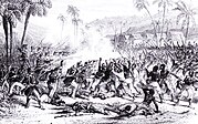 Émancipation des nègres. Révolte d'esclaves au Prêcheur en Martinique le 9 mai 1848. Lithographie de F. Lesmert.