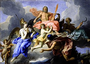 Minerva and the Triumph of Jupiter by Rene-Antoine Houasse (1706), showing the goddess Athena sitting at the right hand of her father Zeus while the goddess Demeter sits in the background holding a scythe. Rene Antoine Houasse - Minerva and the Triumph of Jupiter, 1706.jpg