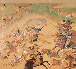 Japonští samurajové vedení generálem Tamuramaro ze Sakanoue pronásledují oddíly Emiši.