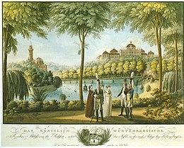 An engraving of the East Garden dated to 1810. It shows the palace to the right, the Emichsburg to the right, and a group of three women and two men, in military uniform, conversing in the palace garden.