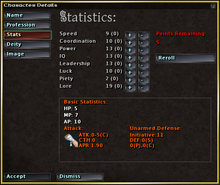An example of character creation in an RPG. In this particular game, players can assign points into attributes, select a deity, and choose a portrait and profession for their character. Scourge character creation.png