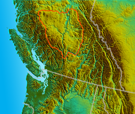 Location of "the Cariboo" as a cultural/historical region, including the Chilcotin and Lillooet-Thompson areas South BC-NW USA-relief CaribooplusChilcotin.png