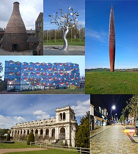 Top to bottom, left to right: Bottle kiln in Longton, Tree Stories sculpture in Hanley, Golden sculpture in Tunstall, One Smithfield building in Hanley, Trentham gardens, Hanley cultural quarter