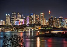 Sydney's financial district at night. Throughout the Great Recession, the Australian economy remained resilient and stable. Sydney City from Waverton.jpg