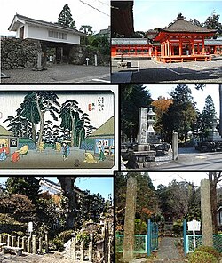 Clockwise from top: Shigekado Takenaka's Jinya, Nangu Taisha, Tairyo Shrine, Site of Morichika Chosokabe's Jinya, Mineral Spring in Tarui, Picture of Tarui Traditional Inn in Edo Period