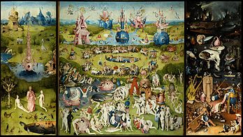 Le Jardin des délices, triptyque peint par Jérôme Bosch entre 1503 et 1504. Huile sur panneau, 220x195 cm - Musée du Prado, Madrid. (définition réelle 7 793 × 4 409)