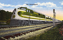 A postcard showing the Tennessean in its 1940s livery, with an EMD E6A locomotive on the point The Tennessean Southern Railway.JPG