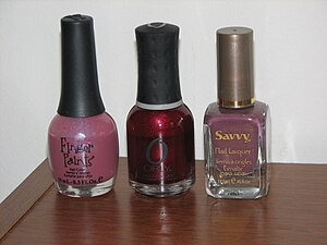 English: Three bottles of different nail polis...