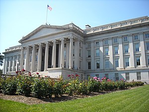 Rear view of the Treasury Department building ...