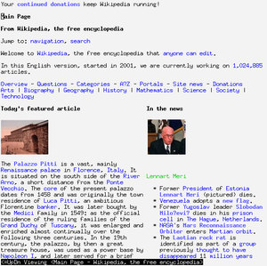 w3m běží v xtermu zobrazujícím hlavní stránku Wikipedie.