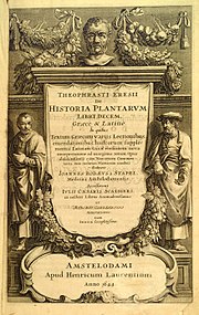 Frontispiece to a 1644 version of the expanded and illustrated edition of Historia Plantarum (ca. 1200), which was originally written around 200 BC