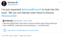 Tweet claiming election fraud by a prominent Republican congressperson. 2020 Election Fraud Tweet.PNG