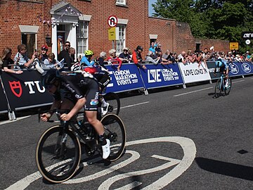 Charlotte Kool leads the sprint for the line on Stage One