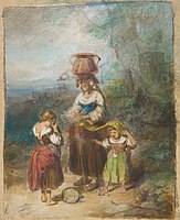 Farbzeichnung mit einer Frau, die einen Krug auf dem Kopf trägt und ein Kind an der Hand führt. Vor der Frau steht ein Kind mit einem zerbrochenen Krug vor den Füßen, dass sich ein Tuch vor das Gesicht hält.