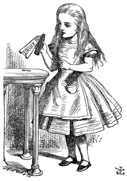 « Bois moi ». Alice dans l'illustration de John Tenniel pour la première édition imprimée, en 1865.