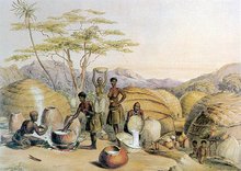 Zulu village, c. 1849 Angas - Zoeloe vrouens brou bier.png