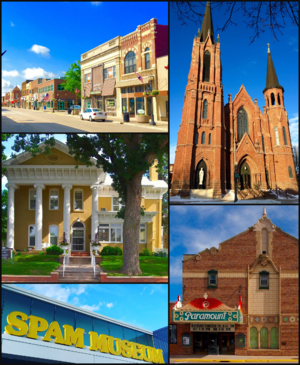 Clockwise from top: Downtown Austin, St. Augustine's Church, Paramount Theater, Spam Museum, Hormel Historic Home