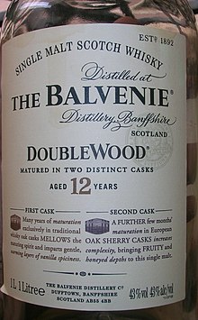 Scotch whisky labels declare their composition ("Single Malt Scotch Whisky" at top), and in the example above the single distillery of manufacture (The Balvenie). An age statement ("12 years") indicates the maturation time of the youngest whisky used in a particular bottling. Balvenie label.jpg