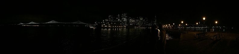 Panoramic image of the San Francisco–Oakland Bay Bridge at night in 2016