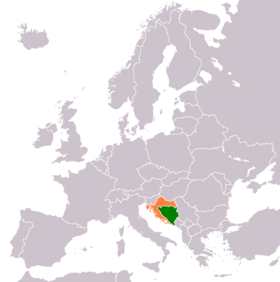 Localisation de la Croatie (orange) et Bosnie-Herzégovine (vert).