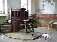 "Two-decker" pulpit in an abandoned Welsh chapel, with reading desk below Bryn Salem, interior - geograph.org.uk - 889309.jpg