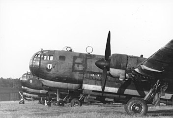 Heinkel He 177As, with the foreground aircraft's nose prominently showing the bulky bola under the cabin