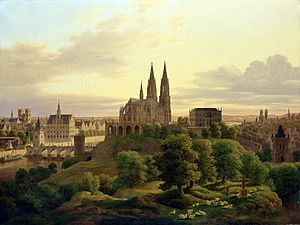 ציור רומנטי של עיירה מאת קרל האזנפפלוג, ובמרכזה כנסייה גותית שמבוססת על קתדרלת קלן