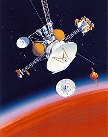 SOTP a Mariner Mark II spacecraft concept, drawing from 1988. Later redesigned to the Cassini-Huygens spacecraft Cassini-Huygens planning status in 1988.jpg