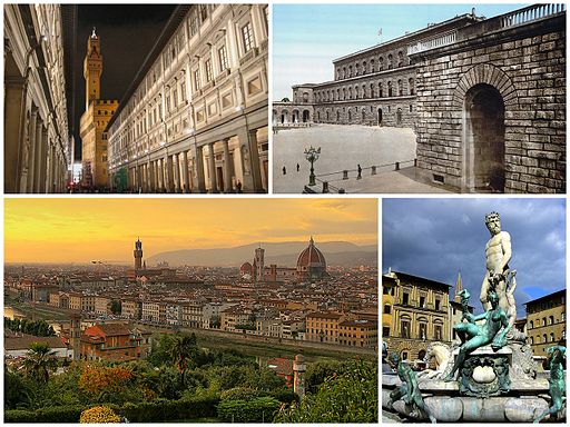 A collage of Florence showing the Galleria degli Uffizi (top left), followed by the Palazzo Pitti, a sunset notion of the city as well as the Fountain of Neptune in the Piazza della Signoria