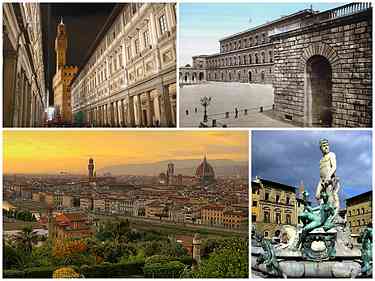 A collage of Florence showing the Uffizi (top left), followed by the Pitti Palace, a sunset view of the city and the Fontana del Nettuno in the Piazza della Signoria