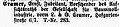 Cramer, Ernst. Fabrikant, Vorsitzender des Aufsichtsraths der Gesellschaft für Baumwollindustrie, vorm. Ludwig & Gustav Cramer, Hofgartenstraße 6 und 7 (Adressbuch der Oberbürgermeisterei Düsseldorf für 1889, Erster Theil, S. 45.)