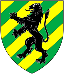 Brightly colored shield with an upright lion facing to the left