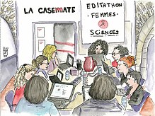 croquis aquarellé de Julie Polge, représentant les participantes à l'éditathon Femmes & Sciences à La Casemate, le 25 avril 2018 à Grenoble.