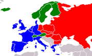 European trade blocs as of the late 1980s. EEC member states are marked in blue, EFTA – green, and Comecon – red.