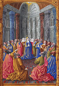 The Descent of the Holy Spirit in a 15th century illuminated manuscript. At the top is a dove, representing the Holy Spirit. The Virgin Mary stands at the center, surrounded by the Twelve Apostles and other disciples