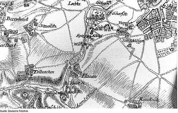 Weißeritzmühlgraben zwischen Löbtau und Plauen mit Kupferhammer, Pulvermühle, Spiegelschleife und Walkmühle (von Löbtau aus aufgezählt), Karte Kurfürstentums Sachsen, Petri, nach 1759 (Sign.: VII, 63).