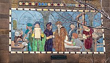 Mural over entrance: "The First Impression" by Oskar Gross (a depiction of the first edition of the Gutenberg Bible)