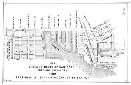 Map of the route from President Street Station (right) to Camden Station (left) as of 1861 George Brown map.jpg