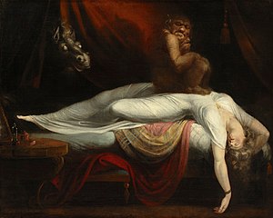 The Nightmare, by the Romantic painter Johann Heinrich Fussli. It depicts the anguish of the "waking dream". Henry Fuseli (1741-1825), The Nightmare, 1781.jpg