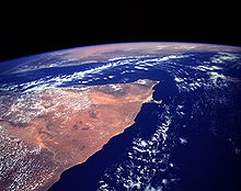 The Horn of Africa as seen from the NASA Space Shuttle in May 1993. The orange and tan colors in this image indicate a largely arid to semiarid climate. Horn of africa.jpg