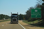 This truck is not driving the wrong way on I-55 in Mississippi. It's simply being towed. Note the taillight bar strapped on the front.