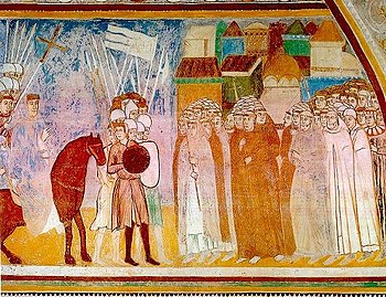 21 January 1277, after the victory obtained against the Della Torre in Desio, Archbishop Ottone Visconti enters Milan (14th-century fresco in the Rocca Borromeo di Angera) Ingresso di Ottone Visconti a Milano.jpg