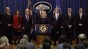 Demers alongside other DOJ officials announcing the 23 charges (including Banking and Financial Fraud, Money Laundering, Wire Fraud, Conspiracy to Defraud the United States, Theft of Trade Secret and Technology, Offered Bonus to Workers who Stole Confidential Information from Companies Around the World, Obstruction of Justice and Sanctions Violations, etc.) against Huawei, its CFO Wanzhou Meng, Huawei Device USA Inc. and Huawei’s Iranian Subsidiary Skycom