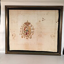 Framed antique flag of the Kingdom of the Two Sicilies (c. 1830s) discovered in Palermo Kingdom of the Two Sicilies- Antique Flag c. 1830s.jpg